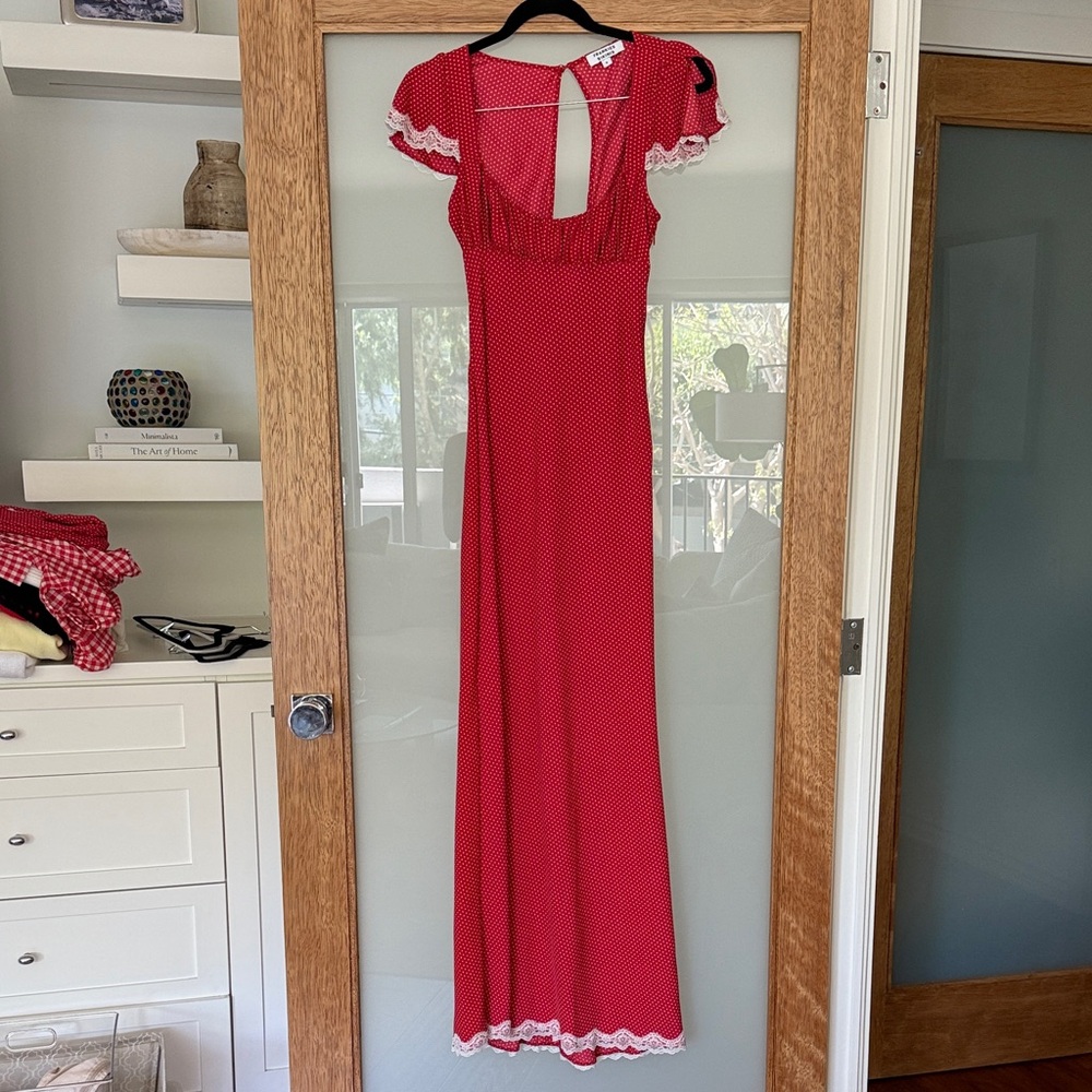 Frankie’s Bikinis Red Maxi Dress with White Lace Trim